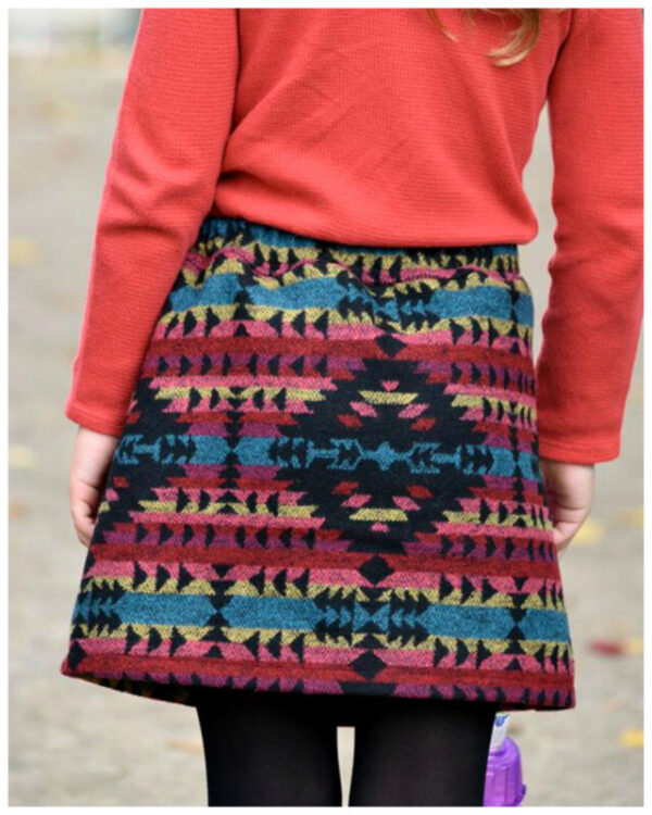 Jutta wrap skirt, girls, sewing pattern, frocks & frolics, sew a skirt, wrapskirt, school skirt, skirt with ethnic pattern